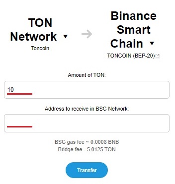 Перевод Toncoin в сеть BSC. Вводим сумму перевода и вставляем адрес