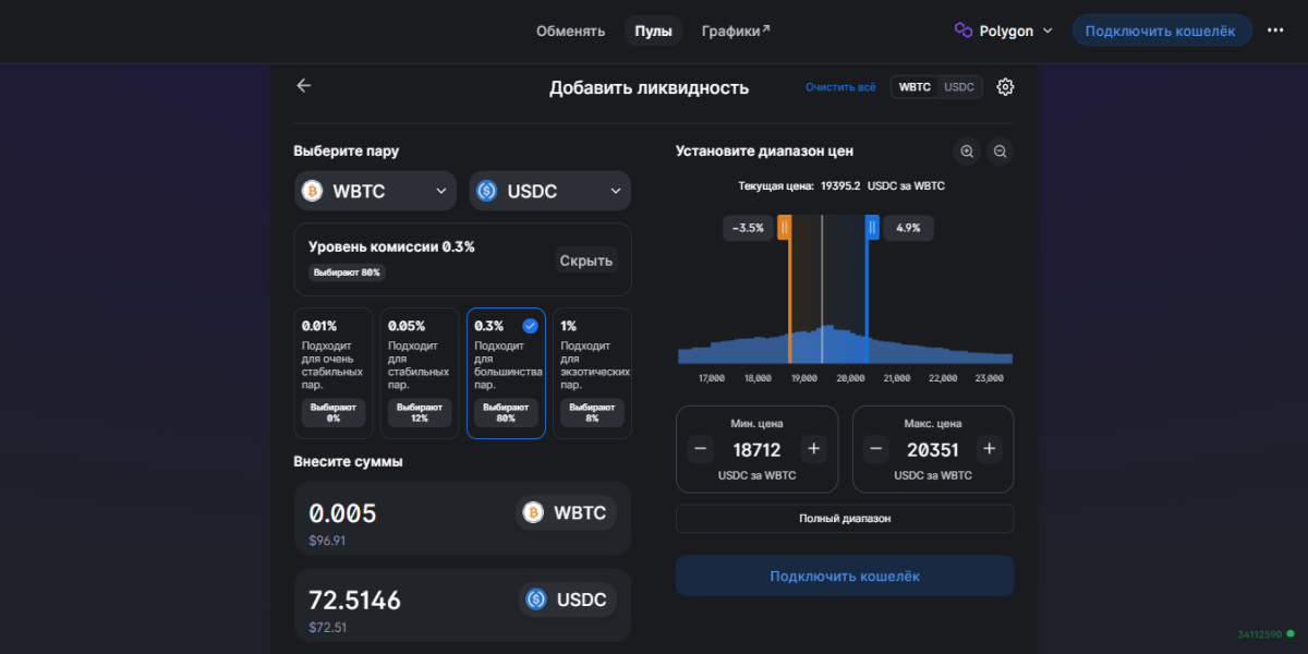 Особенности предоставления концентрированной ликвидности для волатильных активов. Примера пула WBTC-USDC на Uniswap V3 в сети Poligon