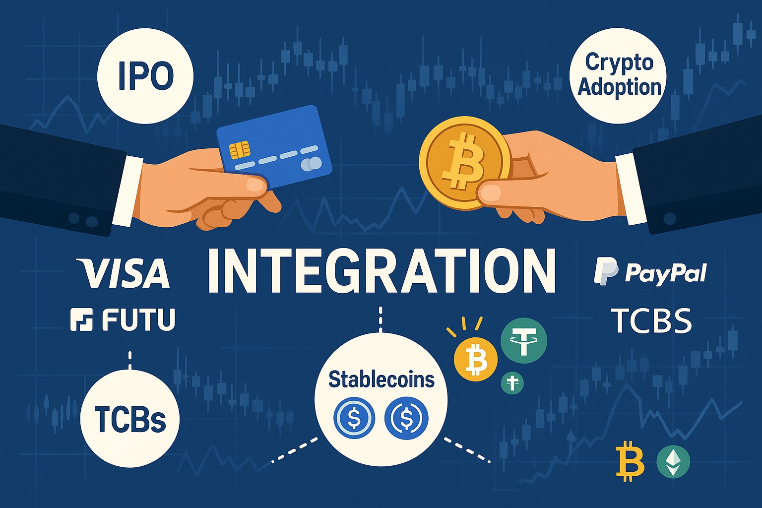 Инфографика: интеграция криптовалют в традиционные финансы, руки с картой и биткоином на фоне графиков.
