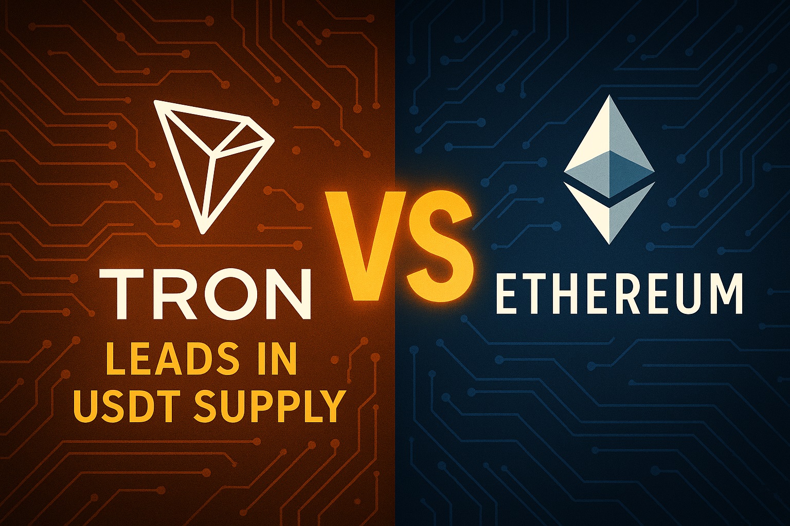 Изображение с надписью TRON VS ETHEREUM и текстом TRON LEADS IN USDT SUPPLY на фоне логотипов TRON и Ethereum, разделенных пополам. На левой, оранжевой стороне, находится логотип TRON, а на правой, синей стороне, логотип Ethereum. Задний фон имитирует микросхему.